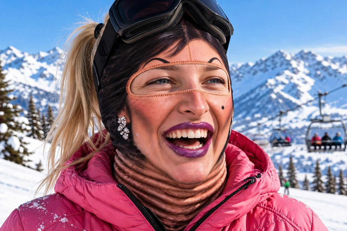 Blonde woman wearing the Lady Purple Lips ski mask